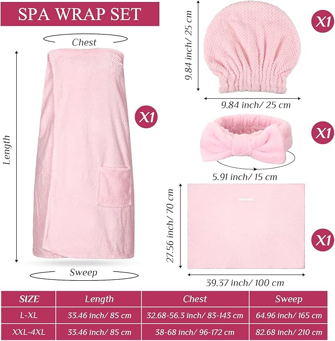 Tigeen Plus Size Towel Wrap for Women Spa Robe Set with Shower Hair Drying Turban Cap Towel Headband Adjustable Bathrobe