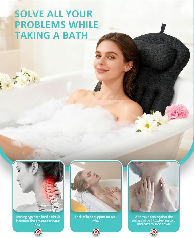 Full Body Bath Pillow for Bathtub, 5D Thick Tub Pillow for Bathtub with 192 Non-Slip Suction Cups, Laundry Bag & Hook, Bathtub Pillow for Head, Neck & Back Support (Black, 51"*15")