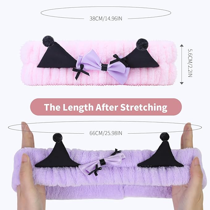 Spa Headband for Washing Face, 2 Pack Cute Hair Band for Shower Yoga Beauty, Fluffy Makeup Headband, Kawaii Facial Headbands for Woman Girls,Purple+Pink Ear