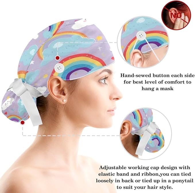 Scrub Caps Women Ponytail Cute Pink and White Leaves Caps Bouffant Working Hat Elastic Tie Back Hats with Button