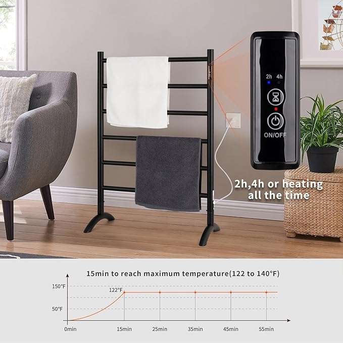 Freestanding Towel Warmer 6 Bars Plug-in Option 3 Working Modes Black Stainless Steel 24" W 34" H