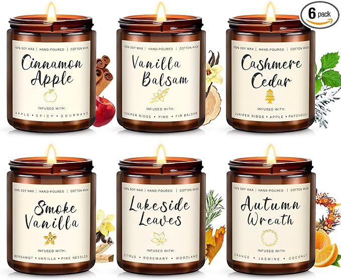 Candles for Home Scented, 6 x 3.5 oz Soy Wax & 150 Hours Long Lasting Fall Candles, Gifts for Women Birthday Thanksgiving Day Merry Christmas