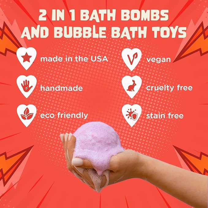 Superhero Bath Bombs for Kids & Boys with Surprise Hero Toys Inside (1 Pack) - Large Bubble Bath Bombs for Boys & Girls - Boys Easter Basket Stuffers & Gifts - Fruity Scent, USA Made by Two Sisters
