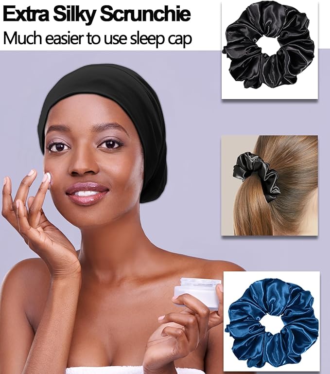 Sleep Cap Bonnet for Sleeping Black Women, Adjustable Cooling Ice Silk Lined Bonnet for Curly Braids Hair Cover Beanie Hat