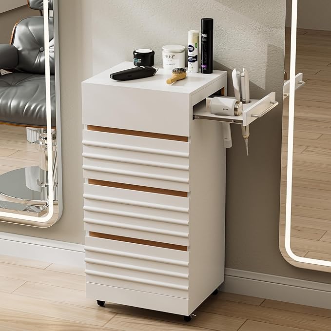 Salon Trolley Cart with Lockable Wheels, Rolling Hair Cart with 3 Dryer Holders for Hair Stylist, Wall Mount Makeup Organizer Stations Cabinet for Beauty Spa Barbershop Tattoo(White)