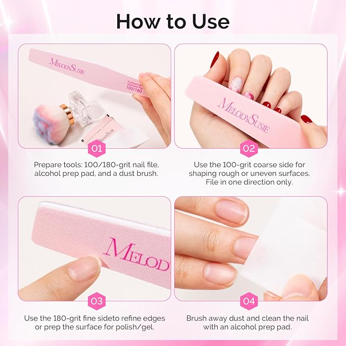 MelodySusie Nail File Kit, 6Pcs Double Sided 100/180 Grit Emery Boards for Nails, Professional Manicure Pedicure Supplies for Home and Salon Use, Mothers Day Gifts, Pink