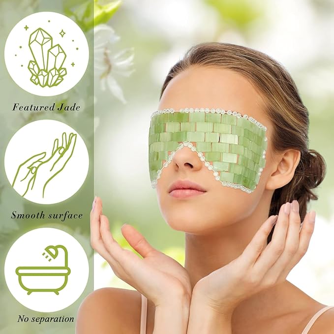Hercicy 4 Pcs Jade Eye Mask and Hair Comb Set Green Jade Stone Eye Mask White Facial Cooling Set Guasha Scalp Comb Facial Massage Tool for Relax Alleviate Puffiness Esthetician Supplies