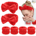 WHAVEL 6PCS Red Spa Headband and Wristbands Set, Valentine's Day Face Wash Headband Wrist Bands for Washing Face Makeup Skincare Hair Band Skin Care Accessories Tools