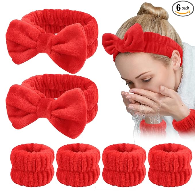 WHAVEL 6PCS Red Spa Headband and Wristbands Set, Valentine's Day Face Wash Headband Wrist Bands for Washing Face Makeup Skincare Hair Band Skin Care Accessories Tools