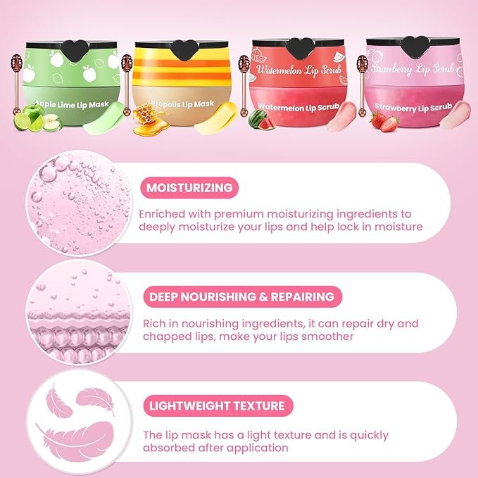 4 PCS Lip Scrub and Mask Set, Strawberry Watermelon Lip Exfoliator Scrub, Moisturizing Lip Balm for Dry Lips, Reduce Lip Lines