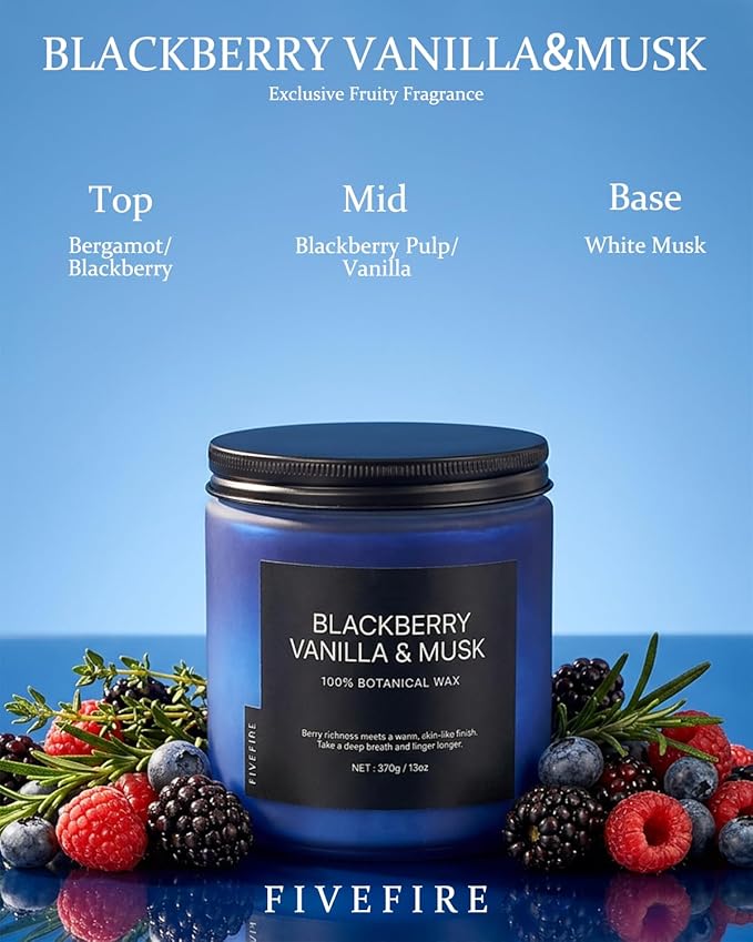 BlackBerry Vanilla Musk Home Scented Candles, 13oz Organic Soy Wax, 76-Hour Clean Burning, Natural Non-Toxic, Fruity & Warm Sensual Scent for Relaxation, Aromatherapy Housewarming Candle Men Women