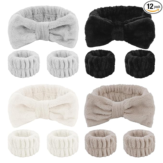 CIEHER 12 PCS Makeup Headband for Women Wrist Washband Scrunchies Cuffs for Washing Face, Soft Bow Hair Band Matching Wristbands, Black, Grey, Light Coffee, Beige