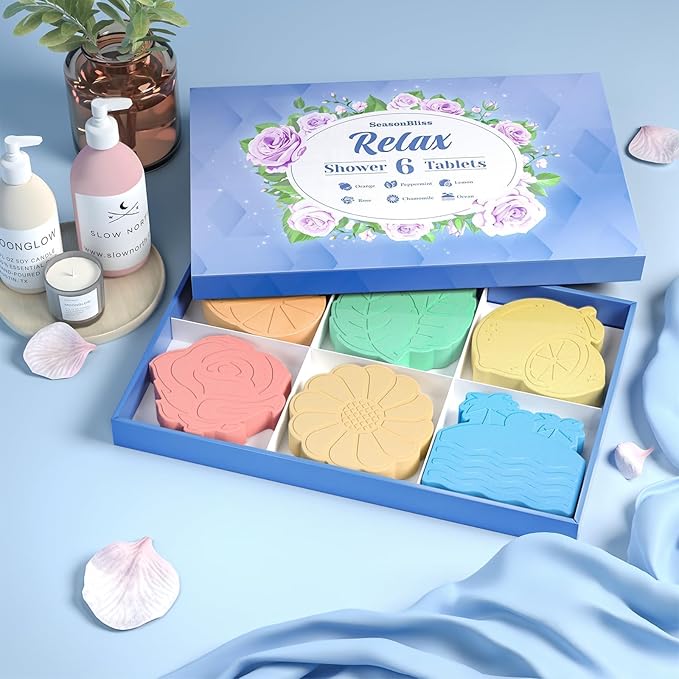 SeasonBliss Shower Steamers 6 Pack Shower Bombs with Unique Shapes & Scents, Orange Peppermint Lemon Rose Chamomile Sea for Birthday, Mother's Day, Valentine's Day Present Giving, Presents for Women