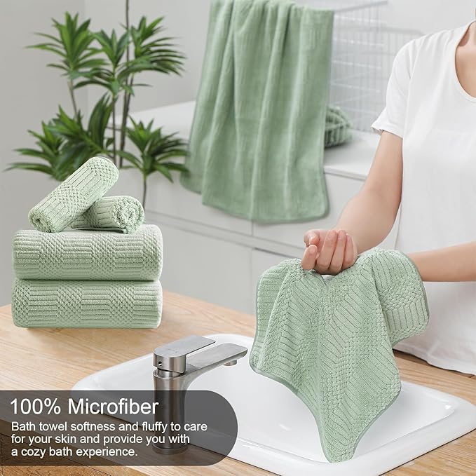 8 Piece Sage Green Bath Towels Set,2 Oversized Large Bath Sheets,2 Hand Towels and 4 Washcloths,600 GSM Soft Fluffy Luxury Towel Set,Highly Absorbent Quick Dry Towel Collection for Bathroom,Home,Hotel