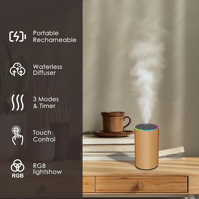 Waterless Essential Oil Diffuser, 7 Colors LED Light, Battery Powered Mini Scent Air Machine, Aromatherapy Mist Diffuser for Home Room Car Office，Black Aluminum Alloy (Black) (Gold)