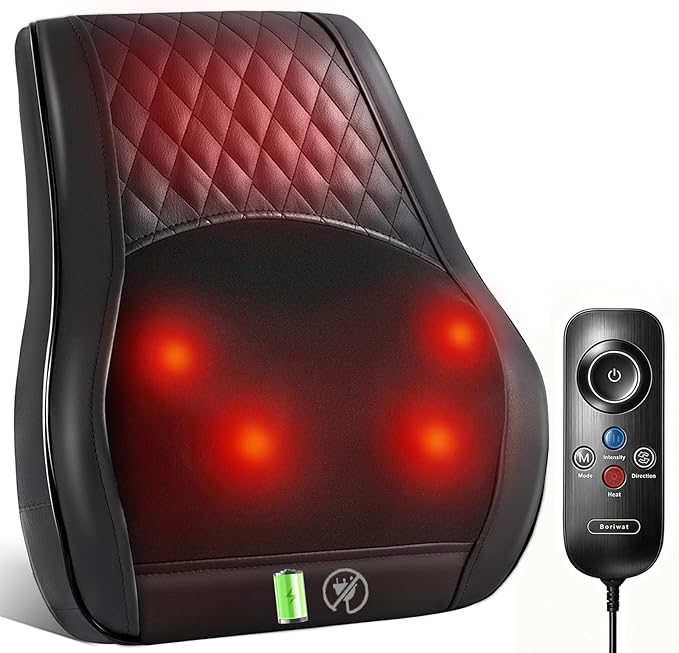 Boriwat Shiatsu Back Massager for Pain Relief Deep Tissue-Movable Electric Neck Back Massager with Heat- Rechargeable Cordless Massage Heated Lower Back Massage for Office/Home/Car-Gift for Men Women