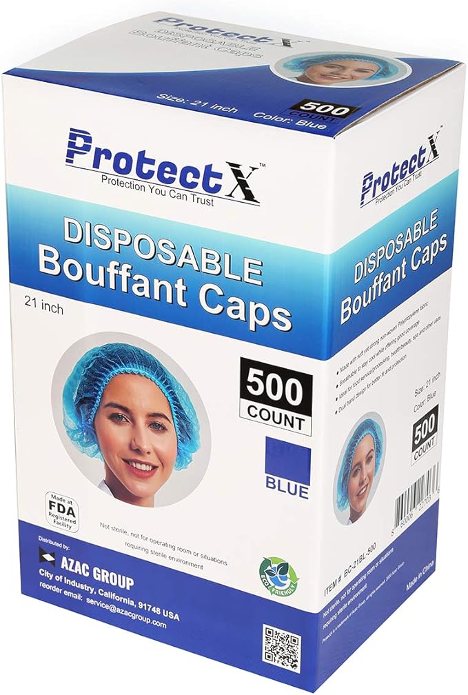ProtectX 500-Pack Blue Disposable Hair Nets, Elastic Head Cover, Bouffant Caps, Sanitation Head Cover for Food Service, Spa Men & Women - 21 inch