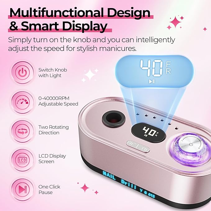 JOSGLOI 40000RPM Electric Nail File Drill Professional Kit, Drill Machine with LCD Display, Manicure Pedicure Polishing Acrylic Gel Nail Grinder for Salon, Home Use