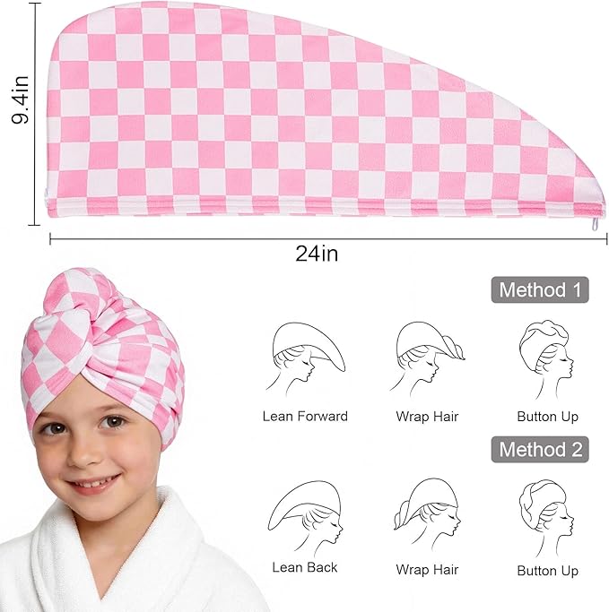 2 Pack Microfiber Hair Towel Wrap for Girls, Quick Dry Hair Turban for Kids, Absorbent Frizz-Free Hair Drying Towel with Button for Long Thick Curly Hair, Pink Brown Checkered