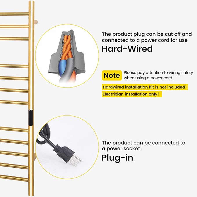 12-Bars Gold Heated Towel Rack–23" Wall Mounted Towel Warmer with Timer & Temperature Control, Stainless Steel