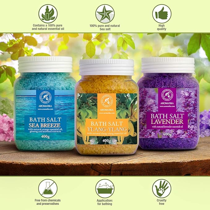 Bath Salts Set 42 Oz - Lavender - Sea Breeze - Ylang-Ylang - 100% Natural Essential Oil - Bathing - Body Care - Beauty - Relaxation - Spa