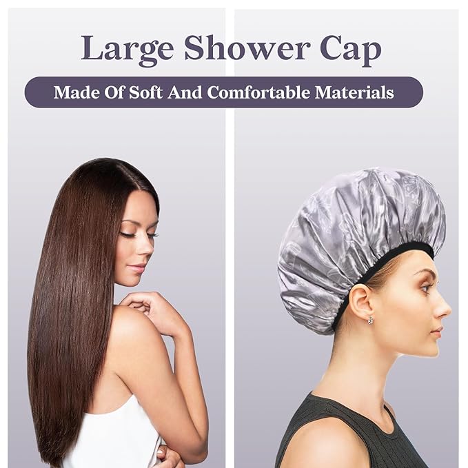 White Butterfly Print Satin Shower Cap, Three-Layer Terry Cloth Lined, with Silk Hair Ties, Microfiber Waterproof Reusable Large Size Shower Cap for Women Long Thick Hair