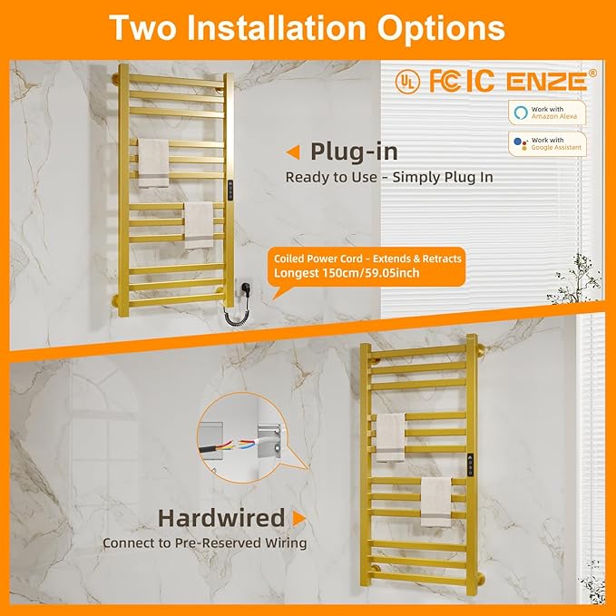 ENZE Smart Heated Towel Rack, 12-Bar Wall-Mounted Electric Towel Warmer 320W, Wi-Fi App Control & LED Touch Screen, Adjustable Temperature & 24H Timer, IPX5, Plug-in/Hardwired, Gold, Low Carbon Steel