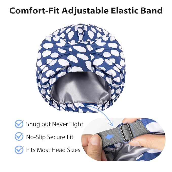 INNELO Luxury Shower Cap for Women Reusable Waterproof, Double Layered Shower Hair Cap with Adjustable Elastic Strap, Large Satin Lined Shower Bath Cap for Long Curly Straight Hair, Blue
