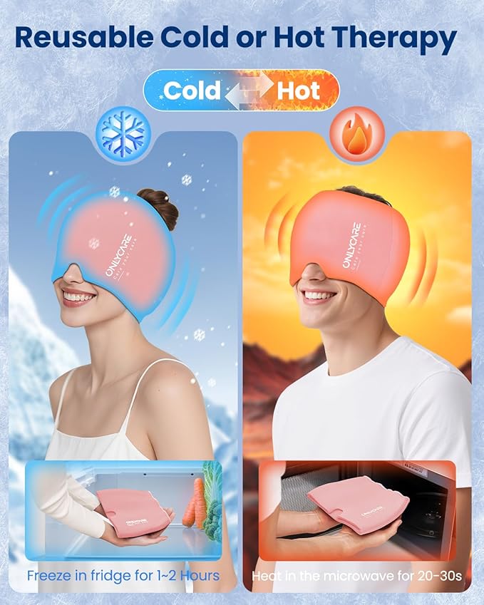 ONLYCARE Migraine Relief Cap, Upgraded Odorless Migraine Ice Head Wrap, Headache Relief Hat for Migraine, Slight-Pink