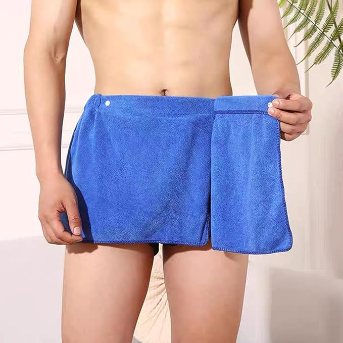 Men Boys Soft Wearable Bath Towel Short Pants Adjustable Mircofiber Towel Pool Beach Spa Bathing Shower Cover Up Wrap Around Towels (Blue)