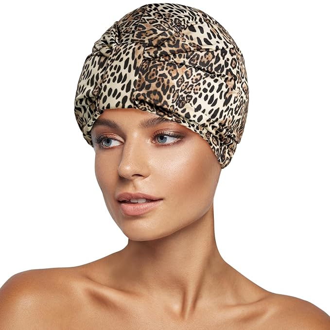 INNELO Luxury Shower Cap for Women Reusable Waterproof, Double Layered Shower Hair Cap with Adjustable Elastic Strap, Large Satin Lined Shower Bath Cap for Long Curly Straight Hair, Leopard