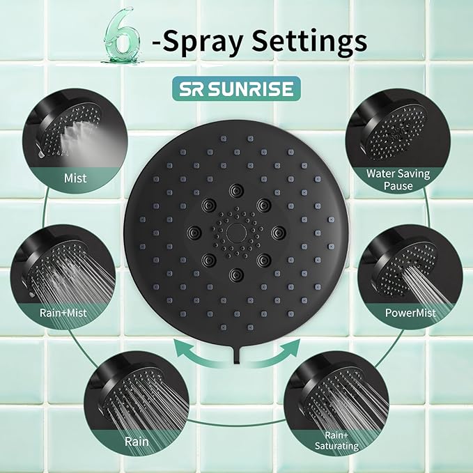 SR SUN RISE Filtered Shower Head - High Pressure Rain Shower Head with 20-Stage Filterr, 6 Spray Modes for Hard Water Softener, Remove Chlorine & Heavy Metals (Black, 5.5 Inch Round)
