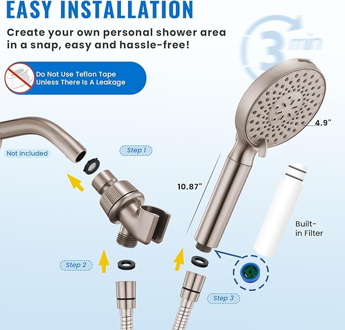 Ryamen Filtered Shower Head with Handheld, High Pressure 9-Spray Modes Detachable Shower Head with Filter for Hard Water-Remove Chlorine & Impurities, 2 Filters, Brushed Nickel