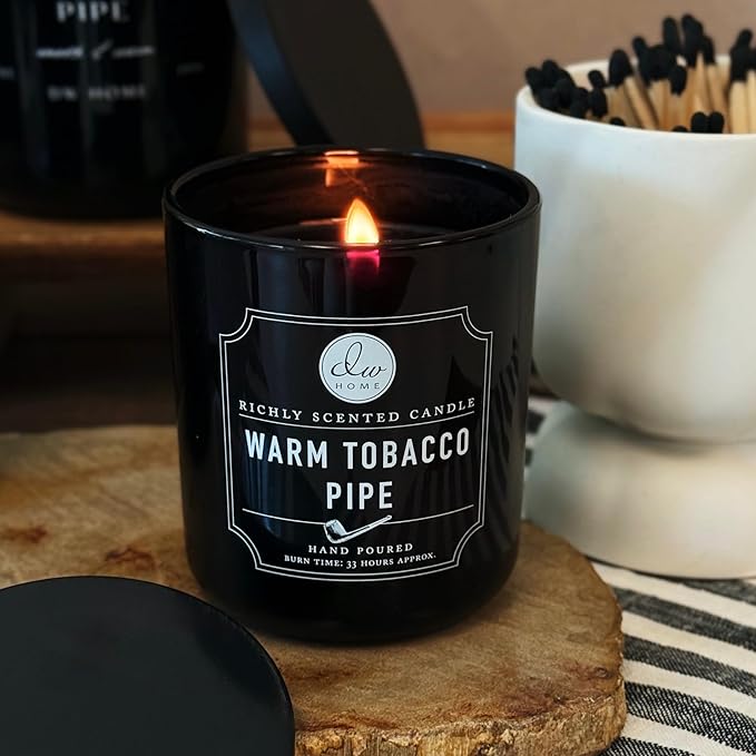 DW Home Warm Tobacco Pipe Scented Candles, 9 oz Single Wick Medium Jar, Up to 33 Hour Burn Time, Hand-Poured, Strong Long Lasting Woodsy Fragrance, Gifts for Men & Women
