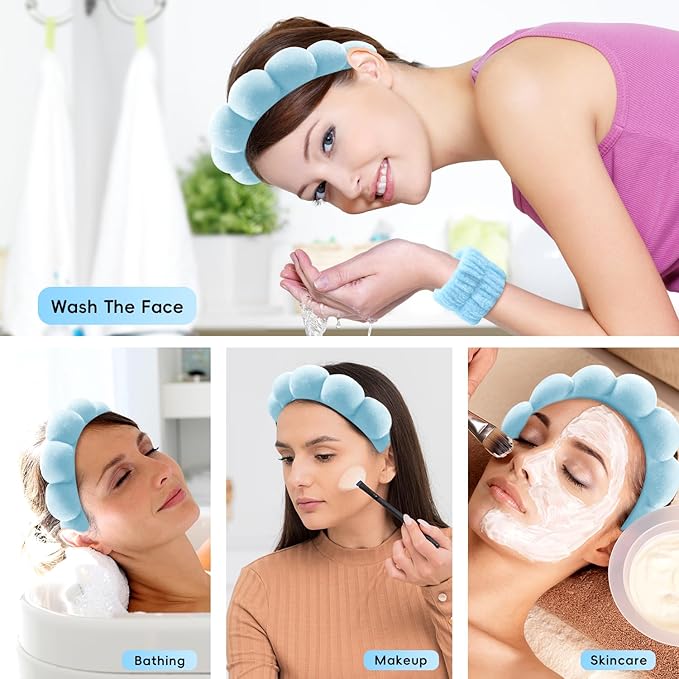 my novel things Spa Headband For Washing Face, Skincare headband and Wristband set With Hair Clips for Women Girls, Soft-Puffy Velvet Makeup Headbands Hair Band