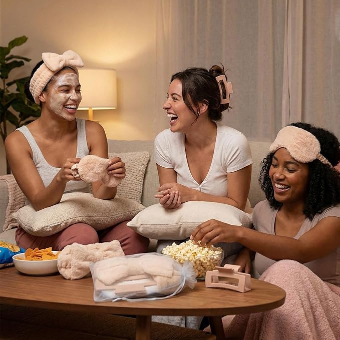48 Pcs Spa Party Supplies Sleepover Essentials Gift for Mother's Day Spa Headband Plush Eye Mask Claw Clips Organza Bag for Women Adult Slumber Party Supplies (Khaki)