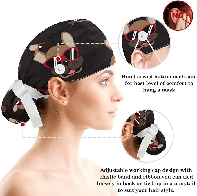 Ethnic Aztec Pattern Adjustable Scrub Cap Hat with Button, Working Hat Sweatband with Bow Hair Scrunchy for Woman