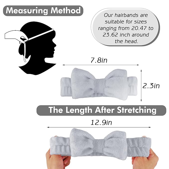 Zkptops 6Pcs Spa Headband for Washing Face Wristbands Set Women Bubble Makeup Sponge Terry Cloth Padded Puffy Skincare Headband Bow Tie Hairband Cute Non Slip Thick Hair Accessory Gifts (Grey)