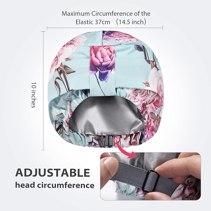 INNELO Luxury Shower Cap for Women Reusable Waterproof, Double Layered Shower Hair Cap with Adjustable Elastic Strap, Large Satin Lined Shower Bath Cap for Long Curly Straight Hair, Green-Flower
