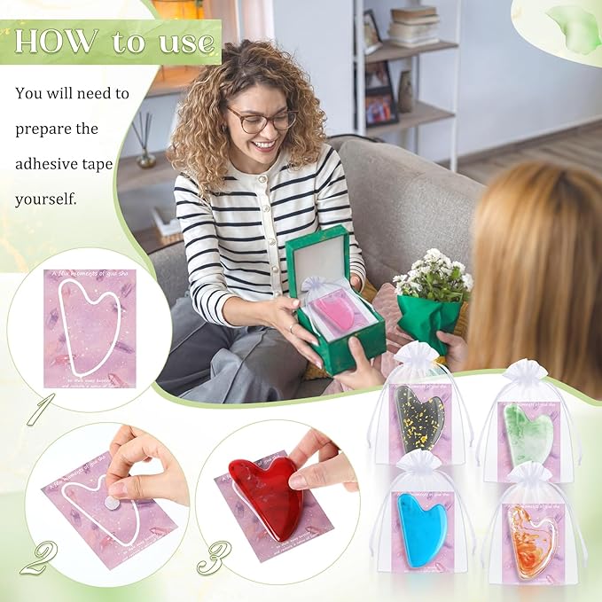 Sherr 24 Sets Gua Sha Facial Tools Bulk Resin Heart Shaped Guasha Boards with Organza Pouch and Cards for Face Body Massage Relaxation Self Care Ideal Spa Acupuncture Prevent Wrinkles (Mixed Colors)