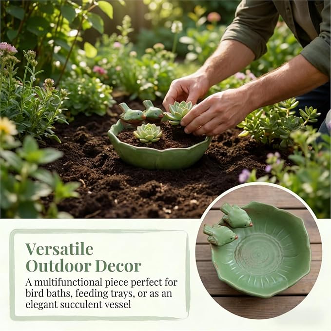 2 Pack Ceramic Bird Bath for Outdoors, 5.5" Ground Birds Bath Bowl for Outside, Heavy Duty Wild Bird Feeders, Feeding Tray Food Holder for Balcony Garden Lawn Patio Decor Tabletop, Green