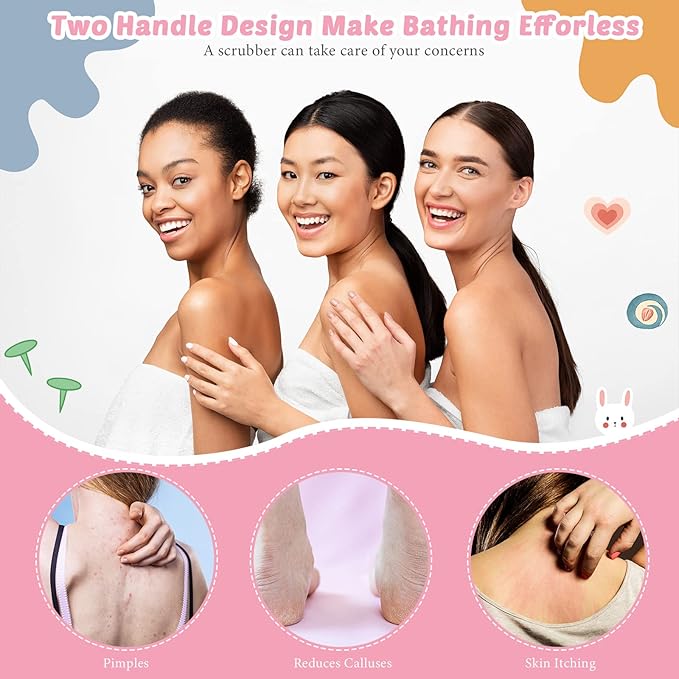 4 Pack Exfoliating Washcloth Back Scrubber Set, 2 Exfoliating Body Scrubber Nylon Back Body Scrub Towel, 2 Pairs Shower Gloves for Women Men Bath Shower Exfoliation(Pink, Purple)