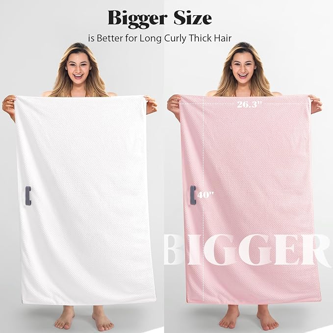 MABAO 2 Pack Microfiber Hair Towel Wrap for Women, Quick Dry Hair Turban Towel with Elastic Band, Microfiber Plopping Towel for Curly Hair, Stocking Stuffers for Women(Pink, White)