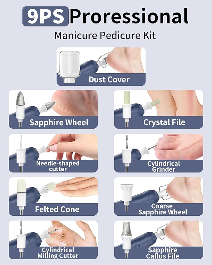 Cordless Electric Nail File Set, Rechargeable Pedicure Tools for feet, Professional Manicure Pedicure Kit 5 Speeds Hand Foot Care Nail Drill for Thick Nail Toenail Cuticle Women Men Pets, Blue