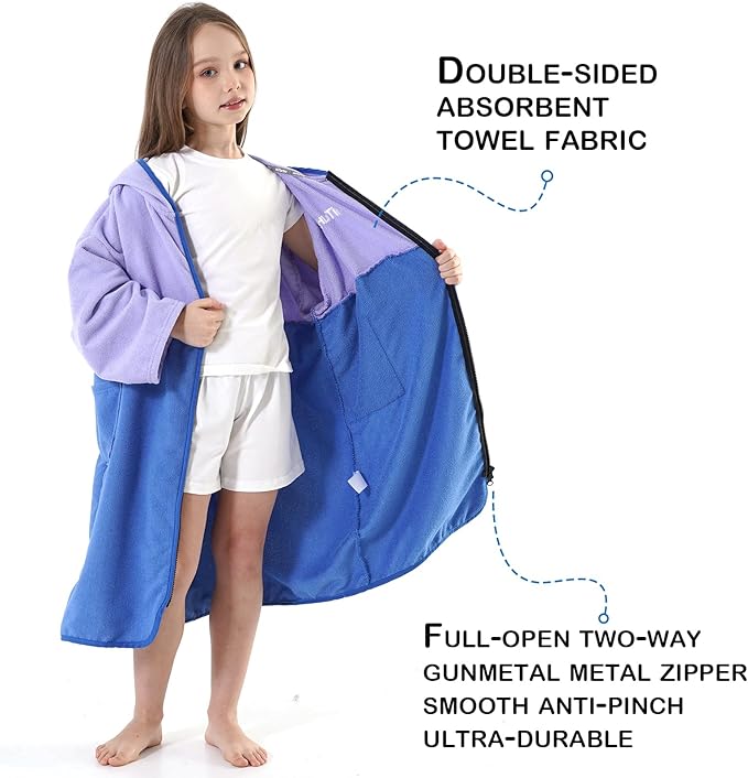 Hiturbo Kids Bath Towel Hoodie: Zipper Surf Poncho Long Sleeve Quick Dry - Absorbent Changing Towels Swimming Outerwear for Beach Pool - Purple/Blue