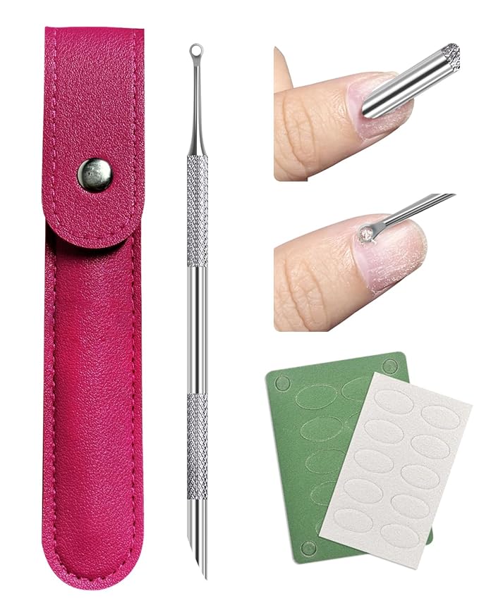 Loop Cuticle Pusher, Pre-treatment Cuticle Pusher, Stainless Steel Round Cuticle Pusher with 100#/240# Grit Nail Files and 1p Storage Bags, For Salon & Home Use
