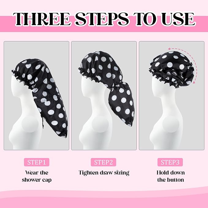 2 Pcs Large Shower Cap for Braids, Extra Long Shower Cap for Women Long Hair & Locs, Waterproof Hair Bonnets for Dreadlocks Drawstring Bath Caps for Women & Men (White, Polka Dots)