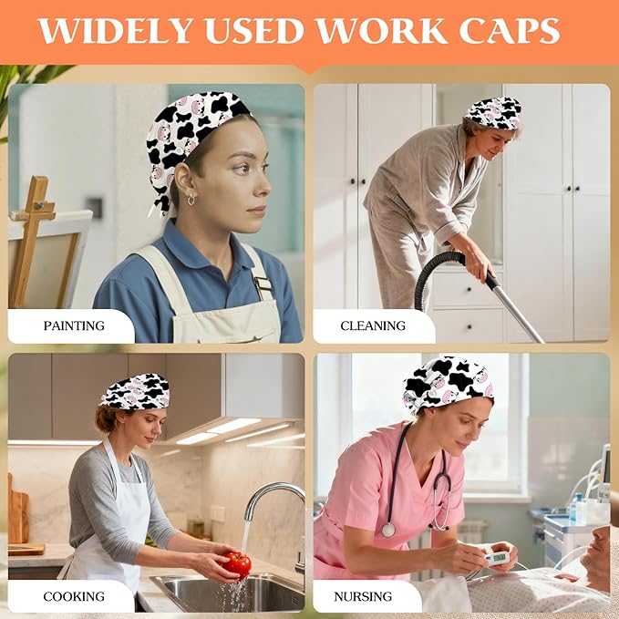 Adjustable Scrub Cap with Buttons & Sweatband, Working Hat with Elastic Tie Back, Unisex Nurse Surgical Caps for Women & Men