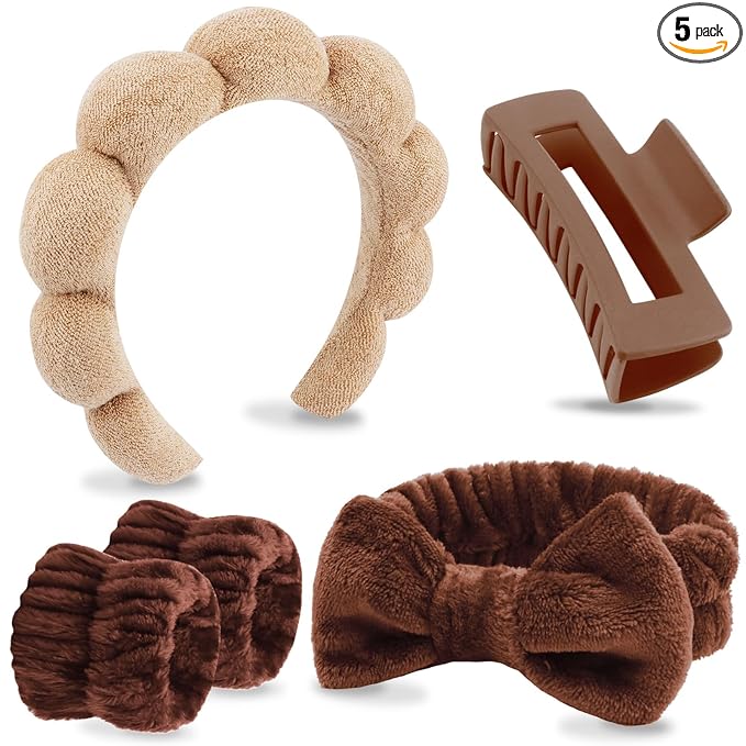 VELSCRUN Spa Headbands for Wash Face, Makeup Headband, Facial Skincare Headbands, 5 Pcs Dark Brown Puffy Sponge Spa Headband Bow Tie Hair Band Hair Clips Wristband Set Women Girls Accessories