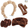 VELSCRUN Spa Headbands for Wash Face, Makeup Headband, Facial Skincare Headbands, 5 Pcs Dark Brown Puffy Sponge Spa Headband Bow Tie Hair Band Hair Clips Wristband Set Women Girls Accessories